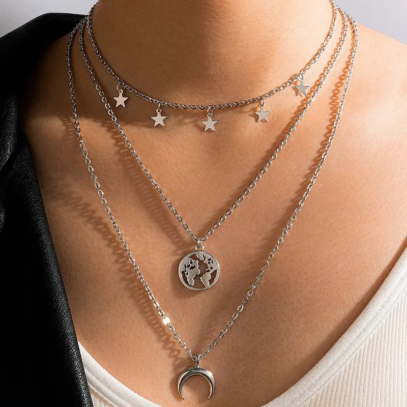Multilayer star, moon, and earth necklace