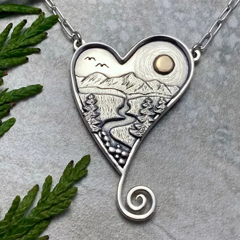 Mountain and River Vintage Heart Necklace