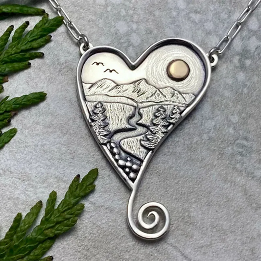 Mountain and River Vintage Heart Necklace