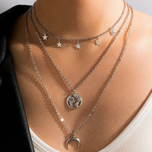 Multilayer star, moon, and earth necklace