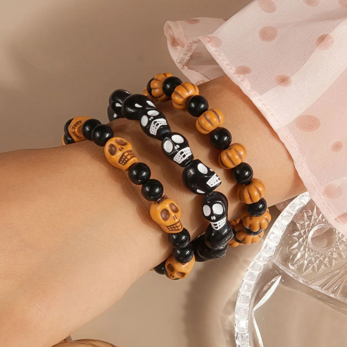 Halloween Fun Skull Pumpkin Beaded Bracelet
