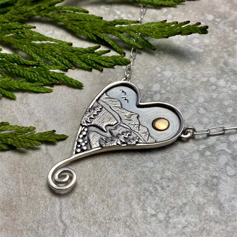 Mountain and River Vintage Heart Necklace