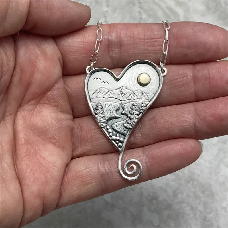 Mountain and River Vintage Heart Necklace
